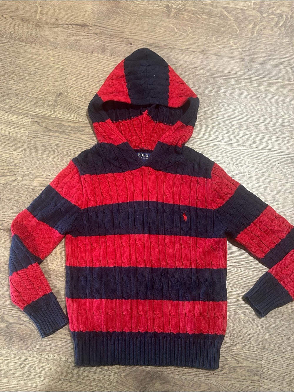Polo by Ralph Lauren Red and Navy Striped Cable-Knit Hooded Sweater
